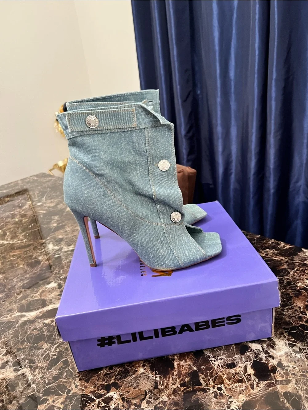 Denim Peep-Toe Stiletto Booties - Denim